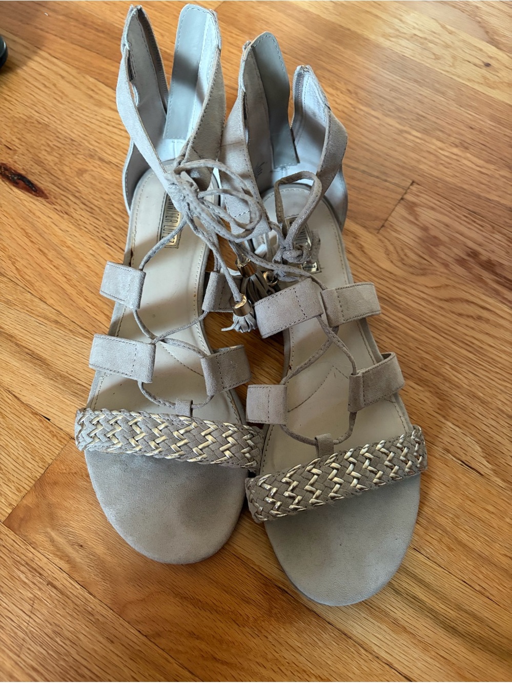 Jennifer Lopez Taupe Braided Lace-Up Suede Sandals
